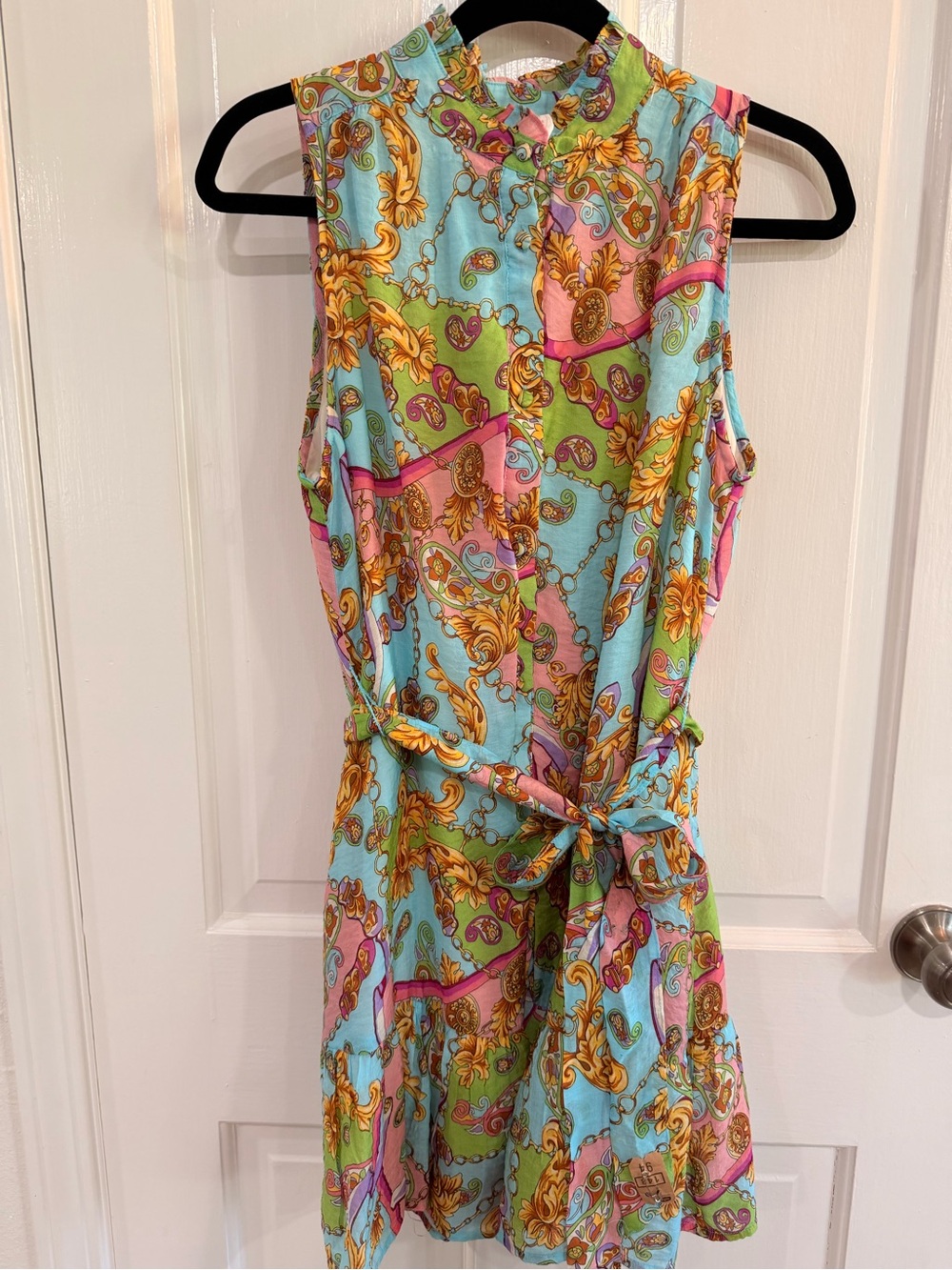 Sleeveless Paisley Baroque Tie-Waist Dress in Aqua and Pink